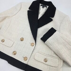 ANN TAYLOR DOUBLE BREASTED BLAZER WOMENS SIZE 6 PETITE BLACK WHITE TWEED CROPPED